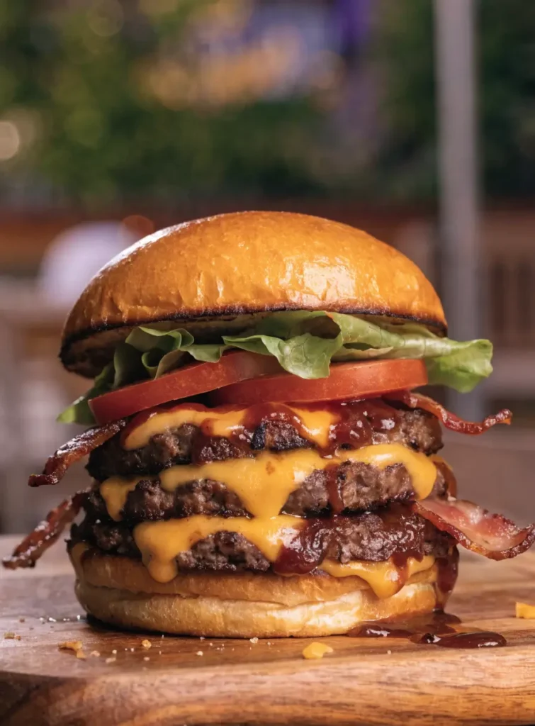 Front view of a BBQ bacon cheddar smash burger stacked with crispy beef patties, melted cheese, bacon, lettuce, and tomato.