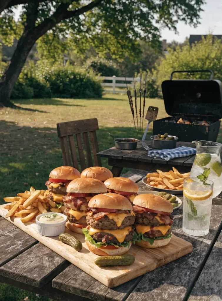 BBQ bacon cheddar smash burgers served on a rustic table with fries, dipping sauces, and barbecue sides.