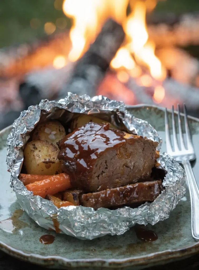 Front-view plated grilled BBQ meatloaf foil packet dinner with roasted vegetables and barbecue sauce.