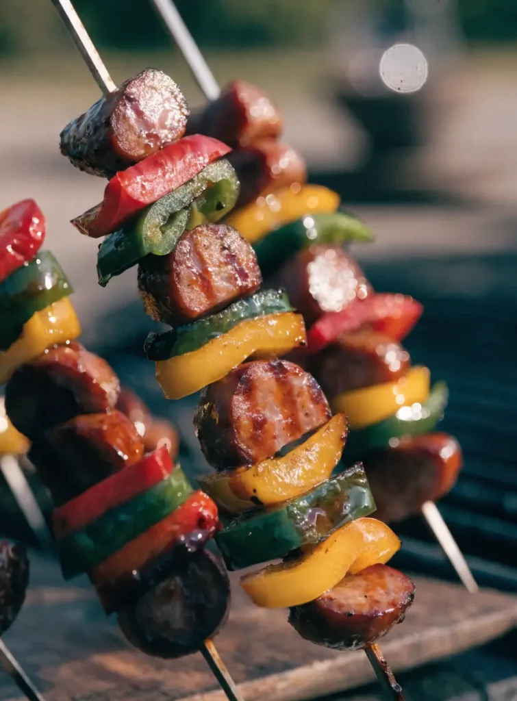 Close-up of grilled BBQ sausage and pepper skewers with colorful bell peppers, barbecue glaze, and charred grill marks.