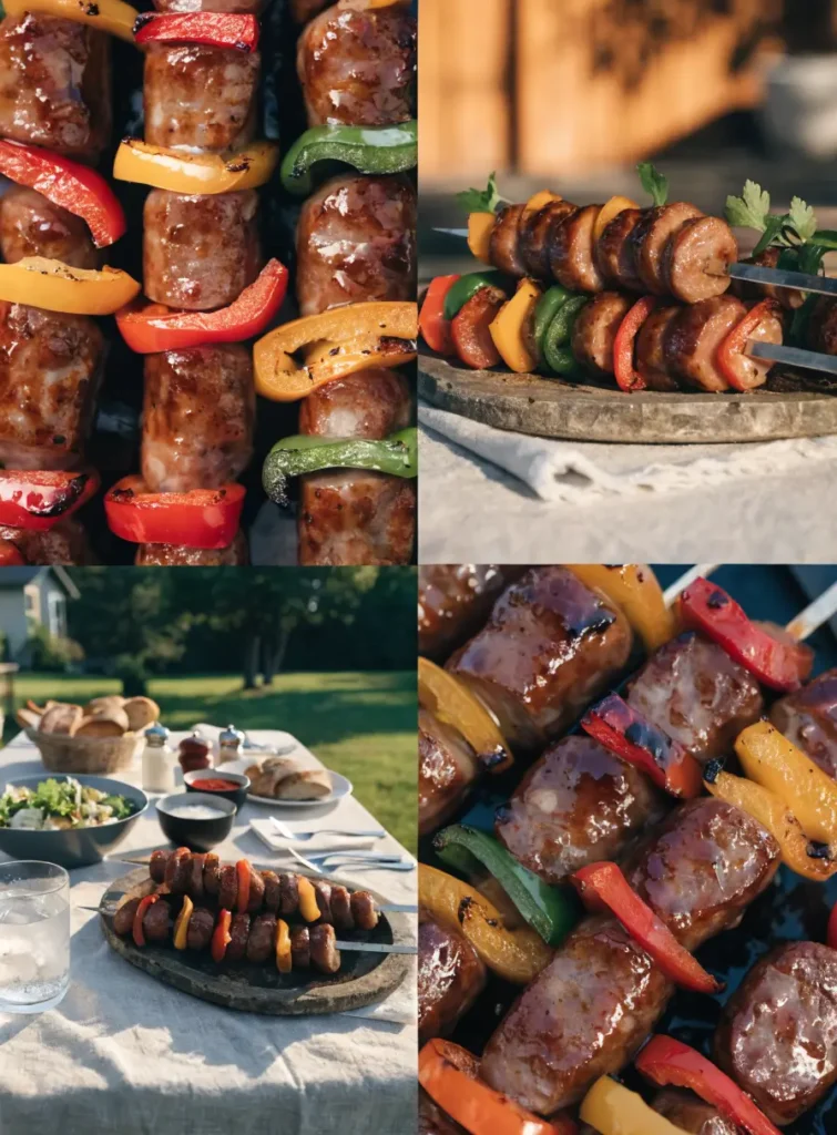 Collage featuring BBQ sausage and pepper skewers from close-up, plated, outdoor dining, and texture-focused perspectives.