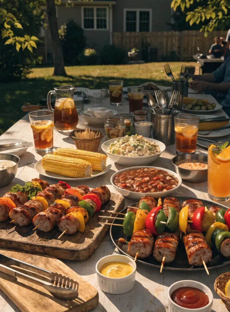 Outdoor table spread featuring grilled BBQ sausage and pepper skewers with side dishes and barbecue accessories.