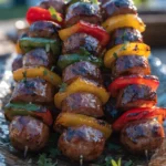 Front-view platter of grilled sausage and pepper skewers with barbecue glaze and fresh herb garnish.