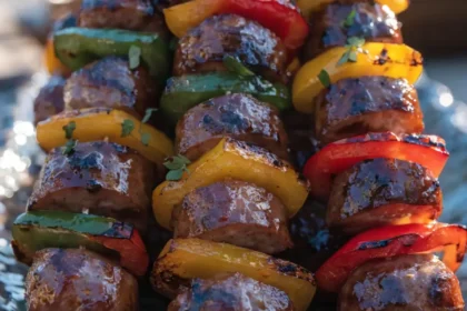 Front-view platter of grilled sausage and pepper skewers with barbecue glaze and fresh herb garnish.