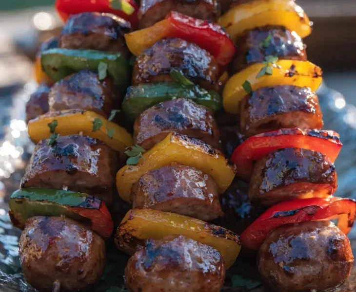 Front-view platter of grilled sausage and pepper skewers with barbecue glaze and fresh herb garnish.