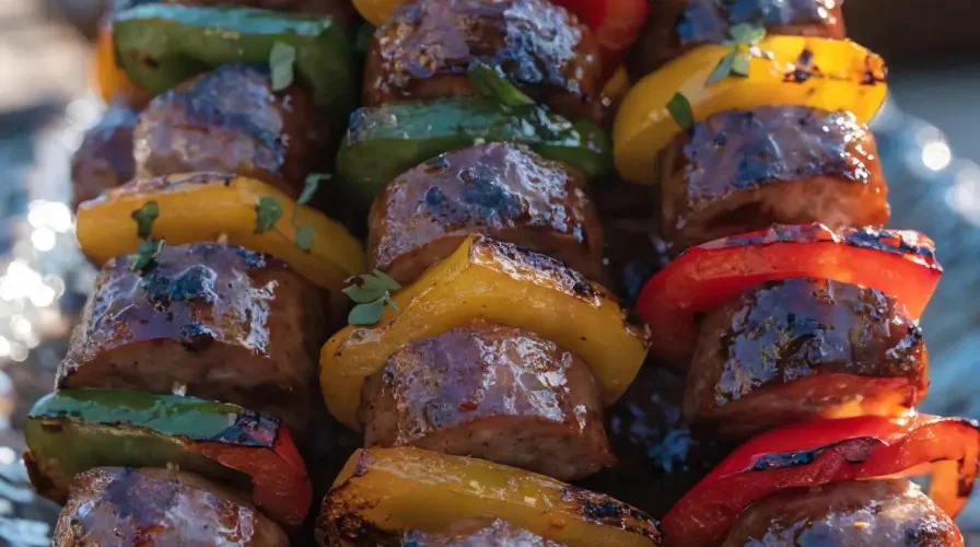 Front-view platter of grilled sausage and pepper skewers with barbecue glaze and fresh herb garnish.