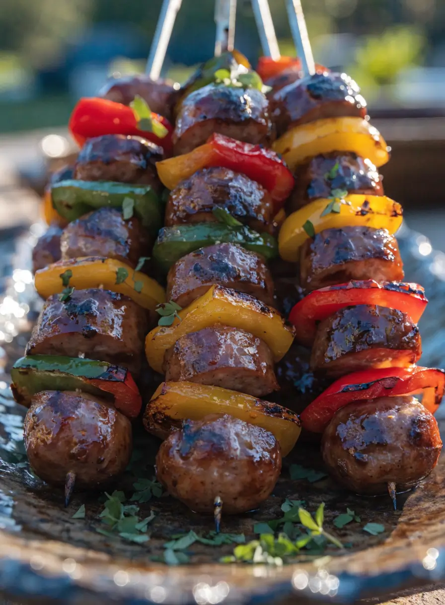 Front-view platter of grilled sausage and pepper skewers with barbecue glaze and fresh herb garnish.
