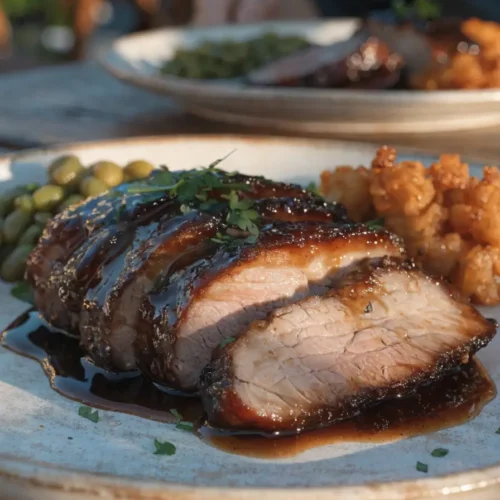 Front-view plated bourbon BBQ pork tenderloin with sticky glaze, fresh herbs, and barbecue-inspired side dishes.