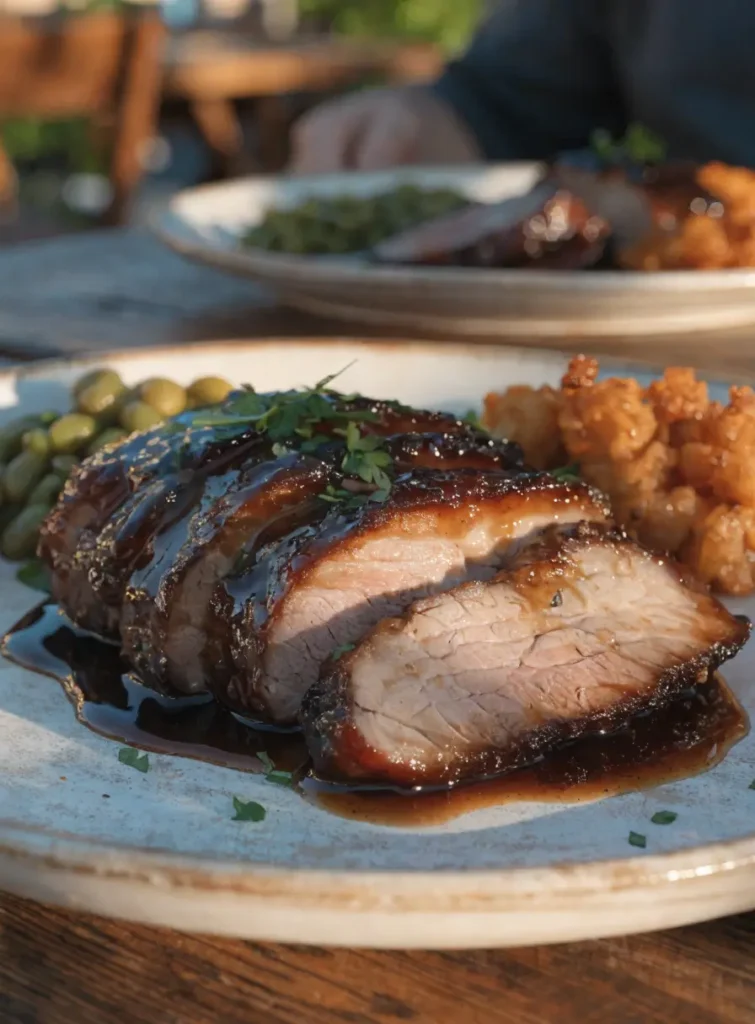 Front-view plated bourbon BBQ pork tenderloin with sticky glaze, fresh herbs, and barbecue-inspired side dishes.