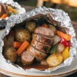 Front-view plated grilled bratwurst foil pack dinner with roasted vegetables and savory seasoning.