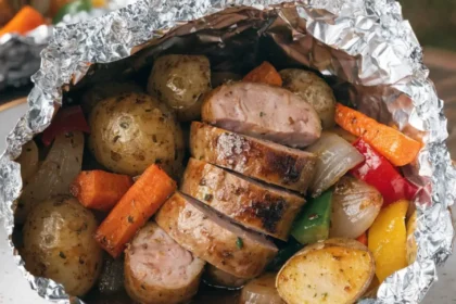 Front-view plated grilled bratwurst foil pack dinner with roasted vegetables and savory seasoning.