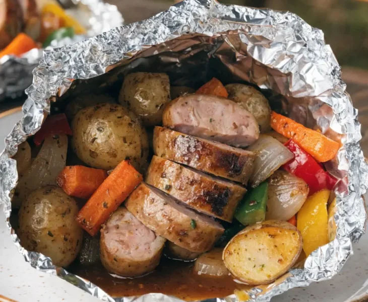 Front-view plated grilled bratwurst foil pack dinner with roasted vegetables and savory seasoning.