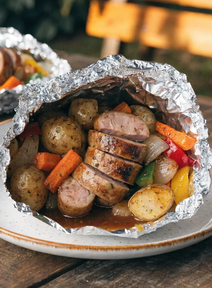 Front-view plated grilled bratwurst foil pack dinner with roasted vegetables and savory seasoning.