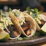 Front-view plated Cajun fish tacos with avocado slaw, lime wedges, cilantro, and fresh toppings.
