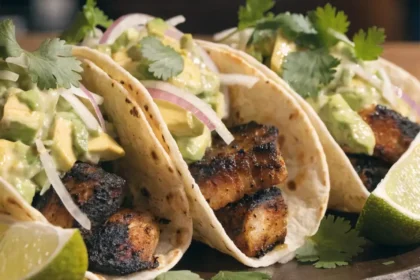 Front-view plated Cajun fish tacos with avocado slaw, lime wedges, cilantro, and fresh toppings.