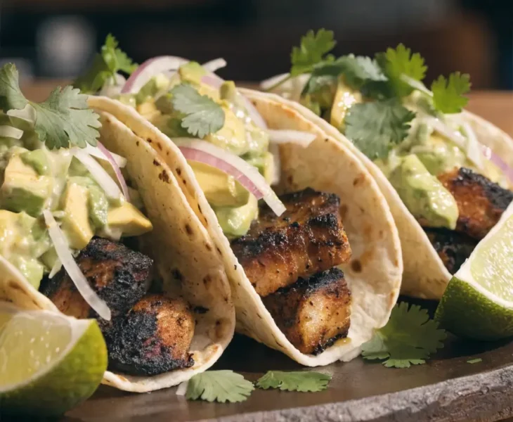Front-view plated Cajun fish tacos with avocado slaw, lime wedges, cilantro, and fresh toppings.