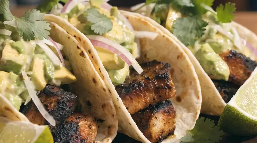 Front-view plated Cajun fish tacos with avocado slaw, lime wedges, cilantro, and fresh toppings.