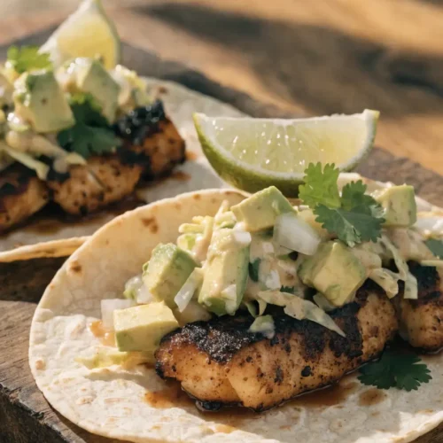 Close-up of Cajun grilled fish tacos with avocado slaw, blackened fish, cabbage, cilantro, and lime wedges.