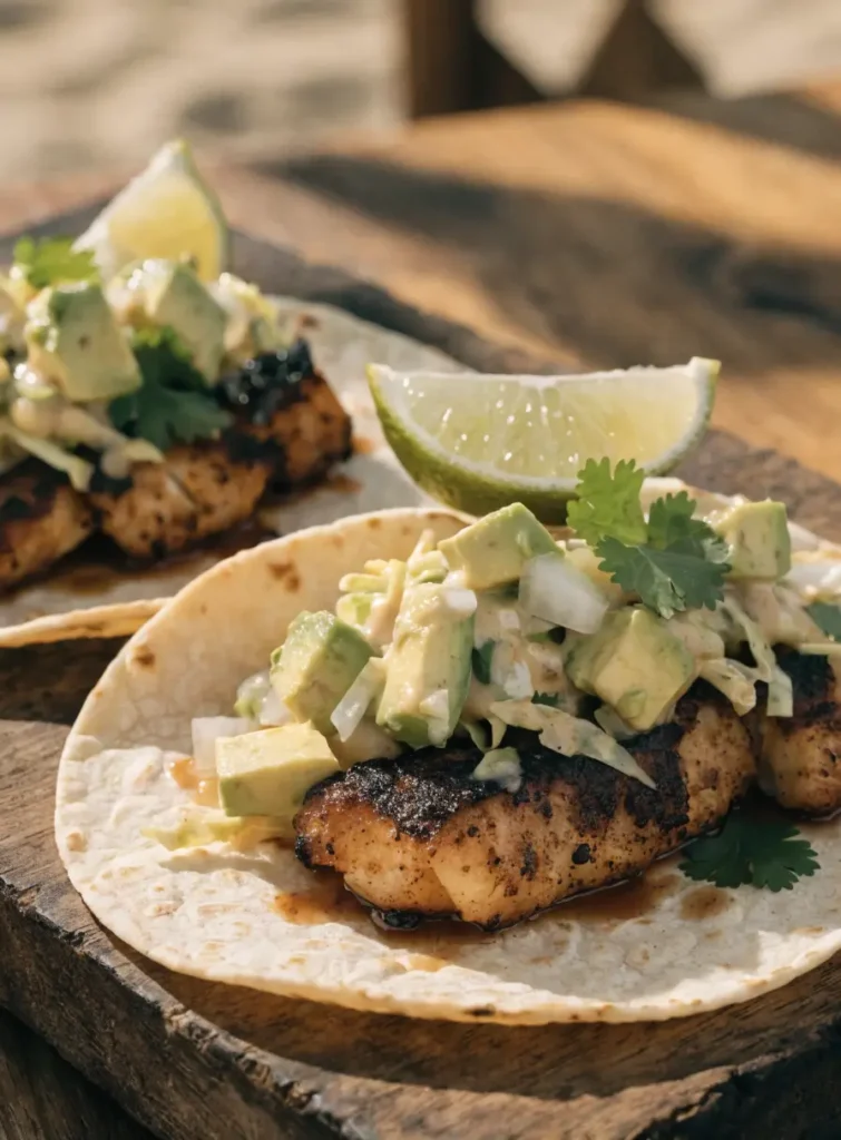 Close-up of Cajun grilled fish tacos with avocado slaw, blackened fish, cabbage, cilantro, and lime wedges.