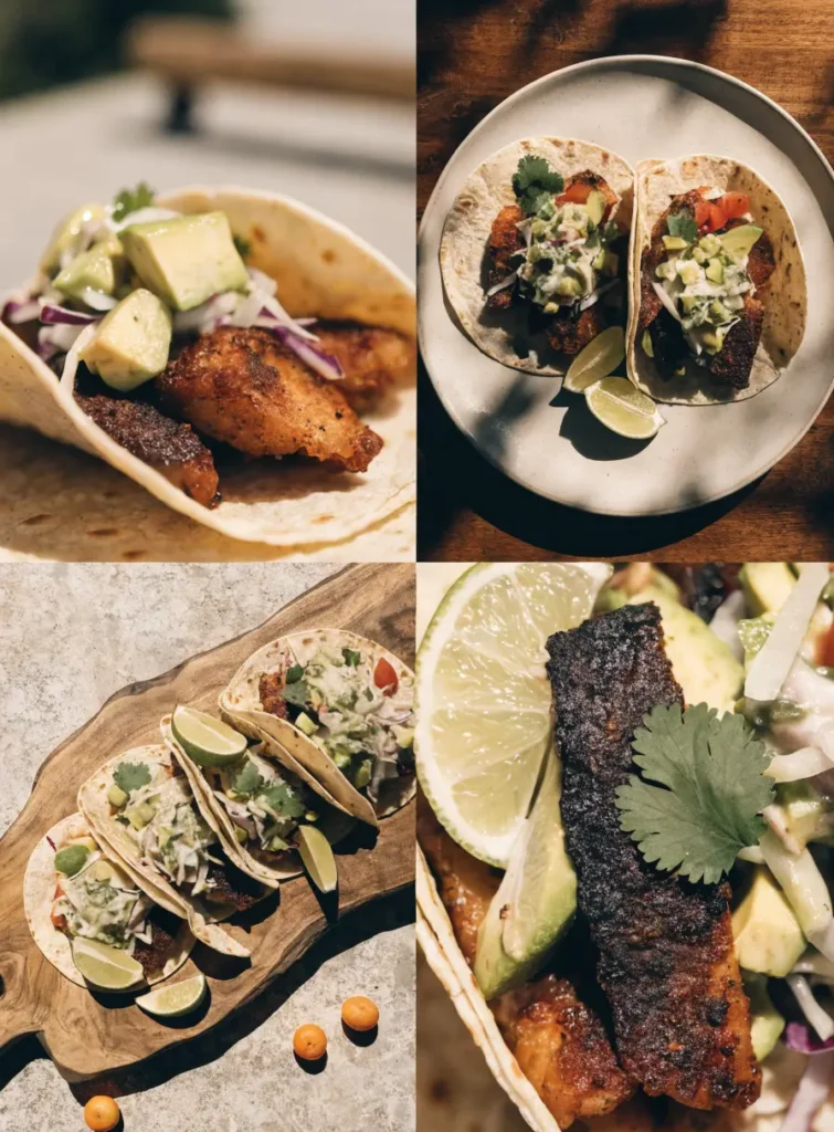 Collage featuring Cajun grilled fish tacos with avocado slaw from close-up, plated, overhead, and texture-focused perspectives.