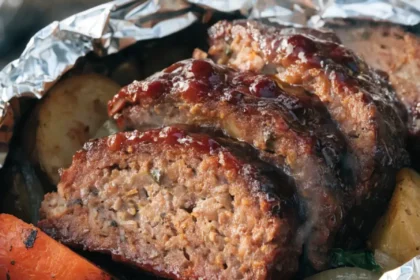 Close-up of grilled BBQ meatloaf foil packets with juicy meatloaf slices, roasted potatoes, carrots, and barbecue glaze.