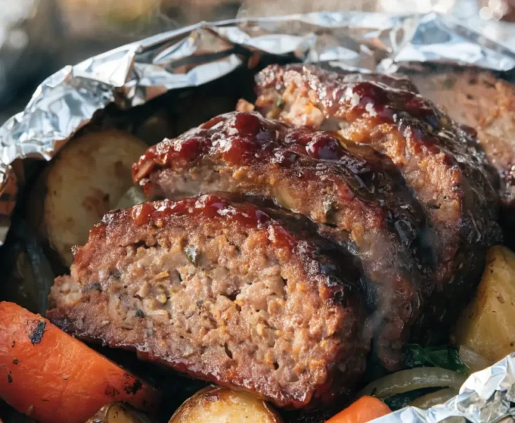 Close-up of grilled BBQ meatloaf foil packets with juicy meatloaf slices, roasted potatoes, carrots, and barbecue glaze.