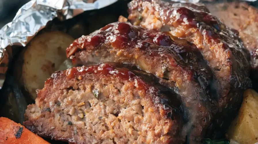 Close-up of grilled BBQ meatloaf foil packets with juicy meatloaf slices, roasted potatoes, carrots, and barbecue glaze.