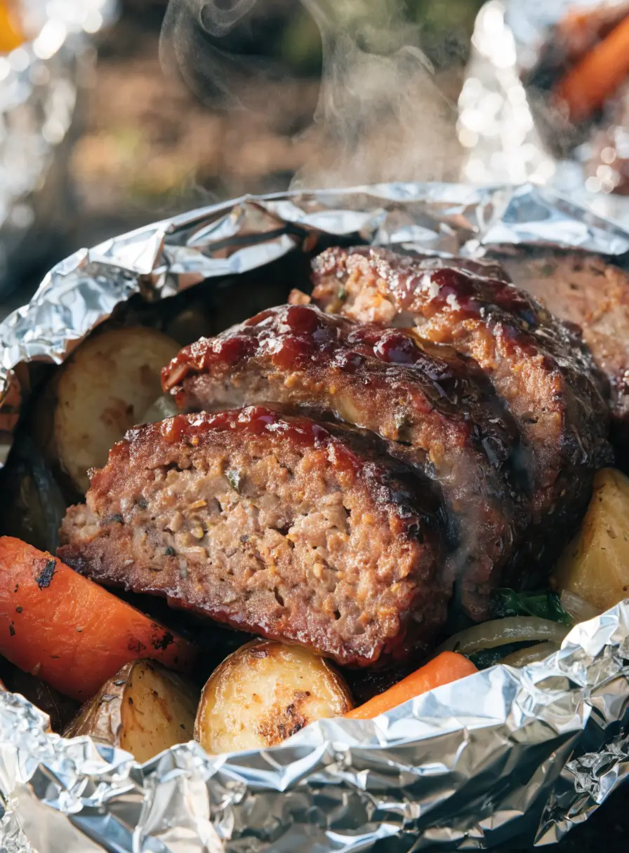 Close-up of grilled BBQ meatloaf foil packets with juicy meatloaf slices, roasted potatoes, carrots, and barbecue glaze.