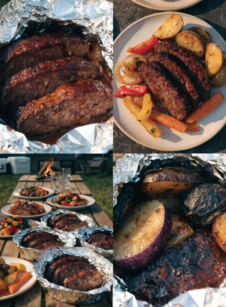 Collage featuring grilled BBQ meatloaf foil packets with close-up, plated, outdoor dining, and texture-focused views.
