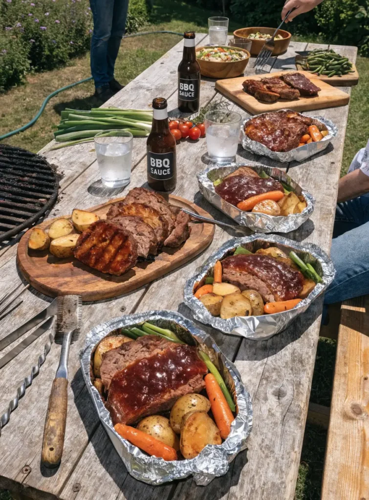 Multiple grilled BBQ meatloaf foil packets served on an outdoor table with roasted vegetables and barbecue sides.