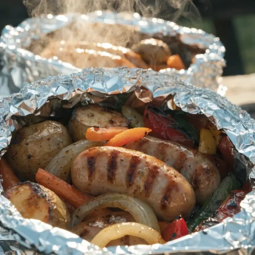 Close-up of grilled bratwurst foil packs with sausage, roasted potatoes, carrots, onions, and bell peppers.