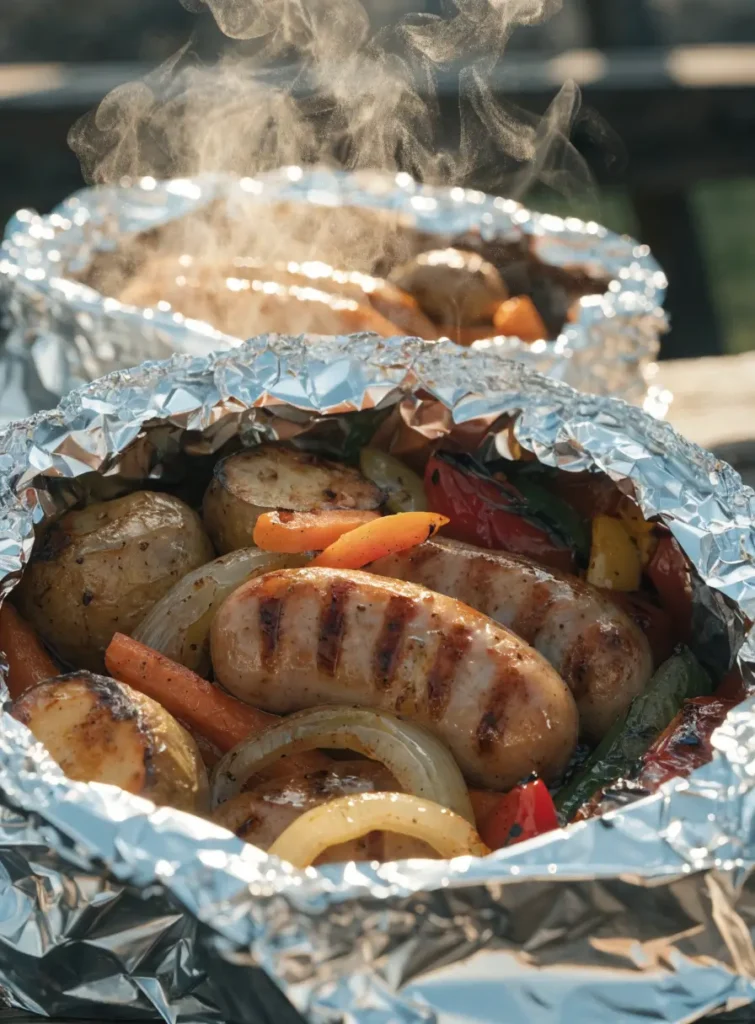 Close-up of grilled bratwurst foil packs with sausage, roasted potatoes, carrots, onions, and bell peppers.