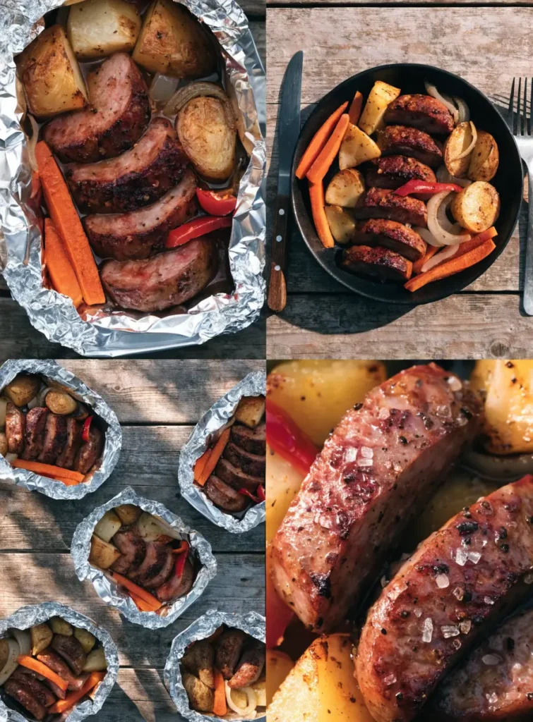 Collage featuring grilled bratwurst foil packs from close-up, plated, overhead, and texture-focused perspectives.