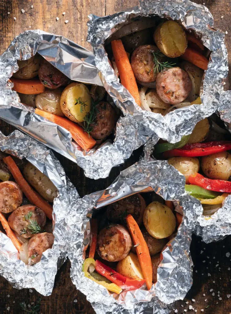 Overhead view of grilled bratwurst foil packs with roasted vegetables arranged on a rustic wooden table.