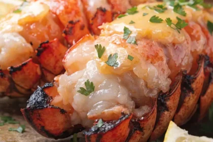 Close-up of grilled lobster tails brushed with garlic butter, fresh parsley, and lemon wedges.