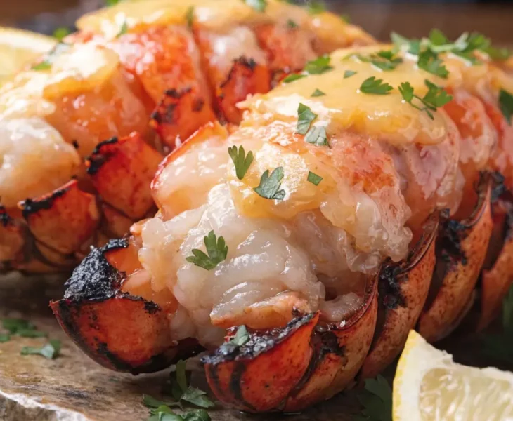 Close-up of grilled lobster tails brushed with garlic butter, fresh parsley, and lemon wedges.