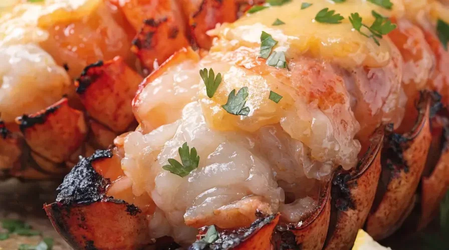 Close-up of grilled lobster tails brushed with garlic butter, fresh parsley, and lemon wedges.