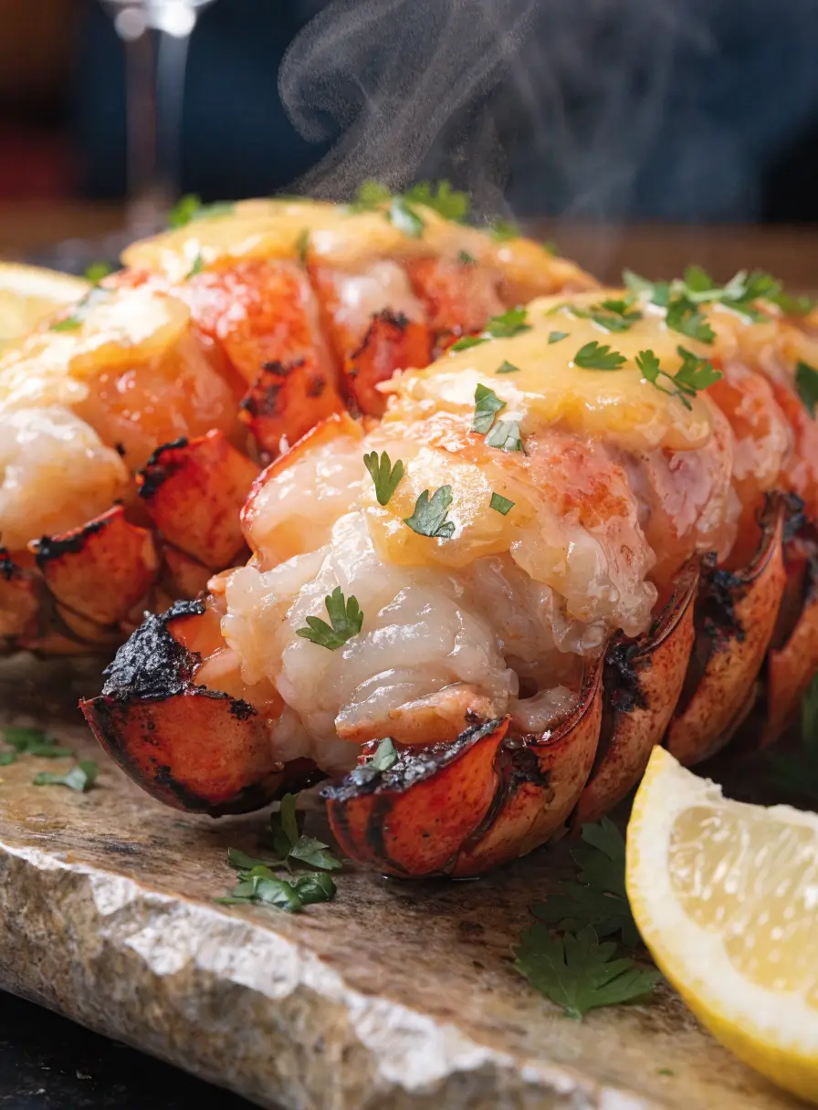 Close-up of grilled lobster tails brushed with garlic butter, fresh parsley, and lemon wedges.