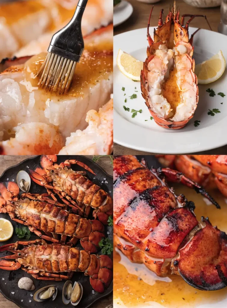 Collage featuring grilled lobster tails with garlic butter from close-up, plated, overhead, and texture-focused perspectives.