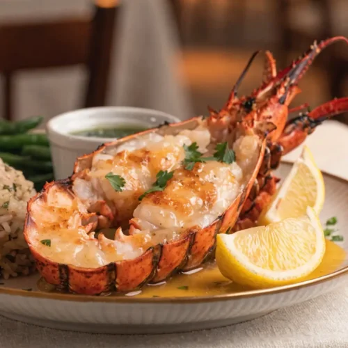 Front-view plated grilled lobster tails with garlic butter, lemon wedges, and elegant seafood presentation.