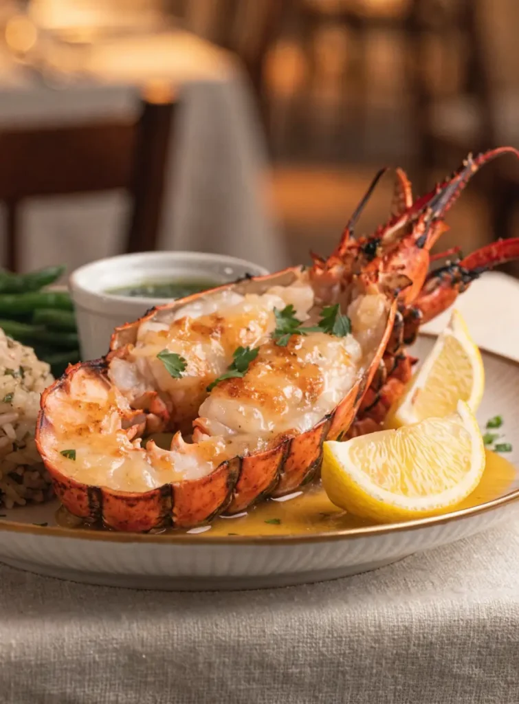 Front-view plated grilled lobster tails with garlic butter, lemon wedges, and elegant seafood presentation.