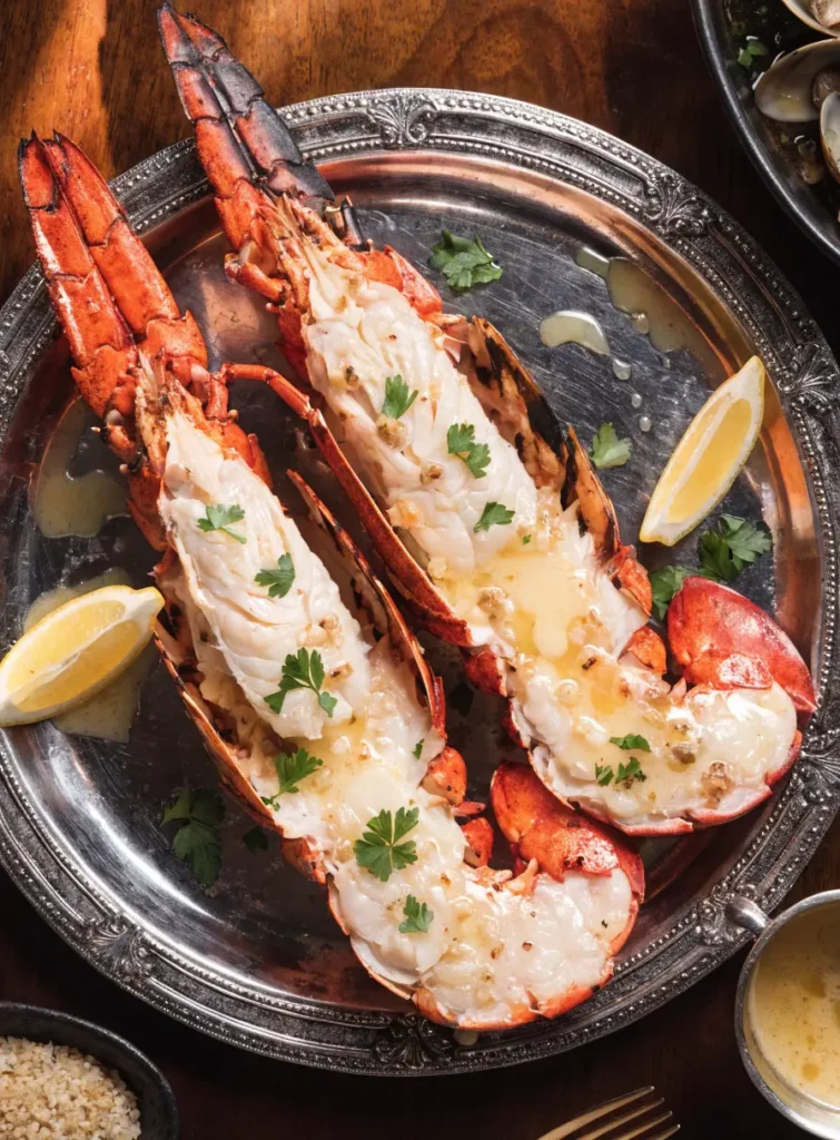 Overhead view of grilled lobster tails with garlic butter served on an elegant platter with lemon and herbs.