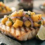 Close-up of grilled mahi mahi topped with fresh mango salsa, cilantro, red onion, and lime wedges.