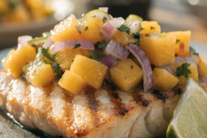 Close-up of grilled mahi mahi topped with fresh mango salsa, cilantro, red onion, and lime wedges.