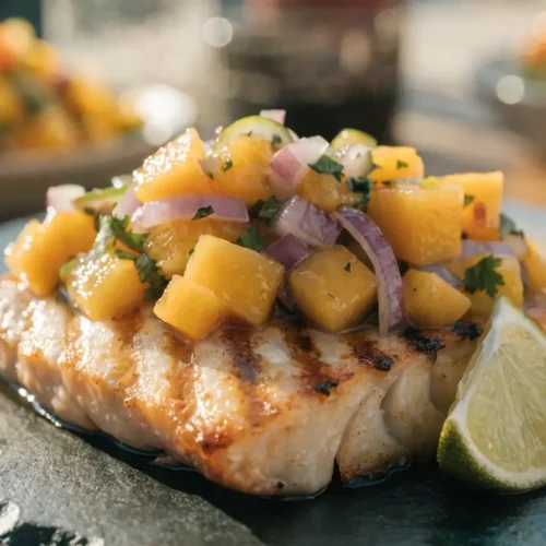 Close-up of grilled mahi mahi topped with fresh mango salsa, cilantro, red onion, and lime wedges.