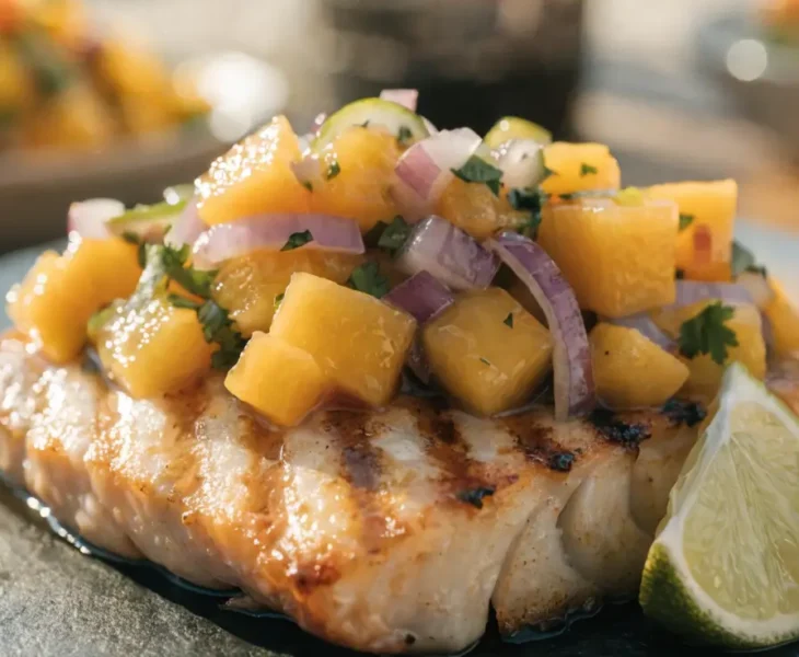 Close-up of grilled mahi mahi topped with fresh mango salsa, cilantro, red onion, and lime wedges.