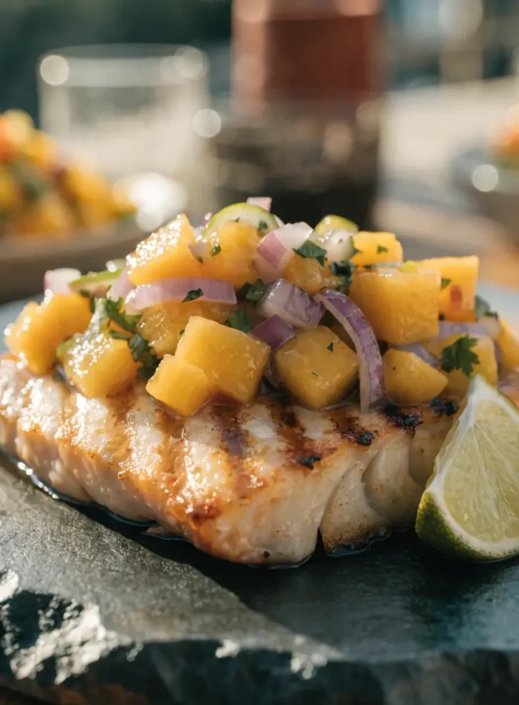 Close-up of grilled mahi mahi topped with fresh mango salsa, cilantro, red onion, and lime wedges.