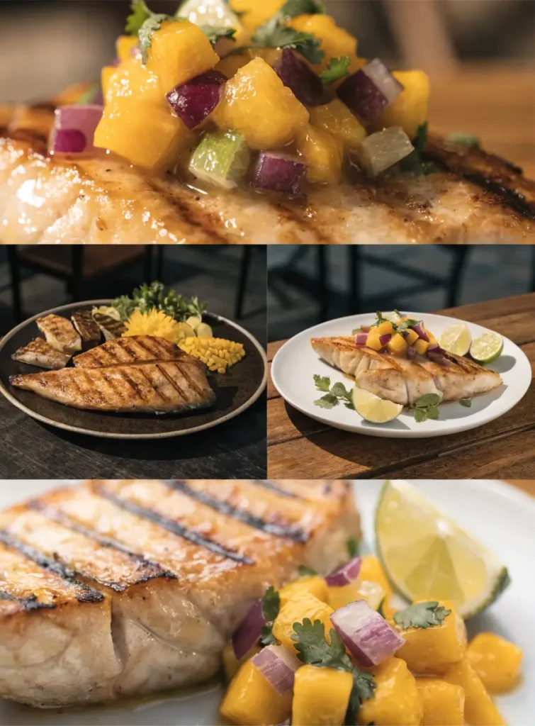Collage featuring grilled mahi mahi with mango salsa from close-up, plated, overhead, and texture-focused perspectives.