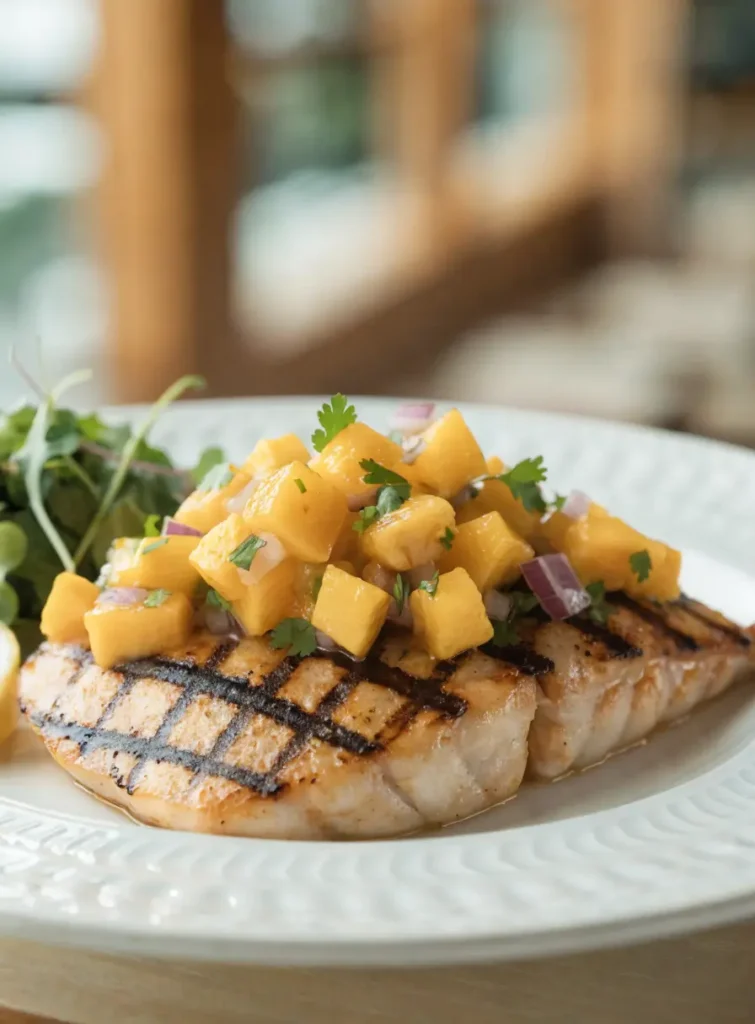 Front-view plated grilled mahi mahi with mango salsa, citrus garnish, and tropical seafood presentation.