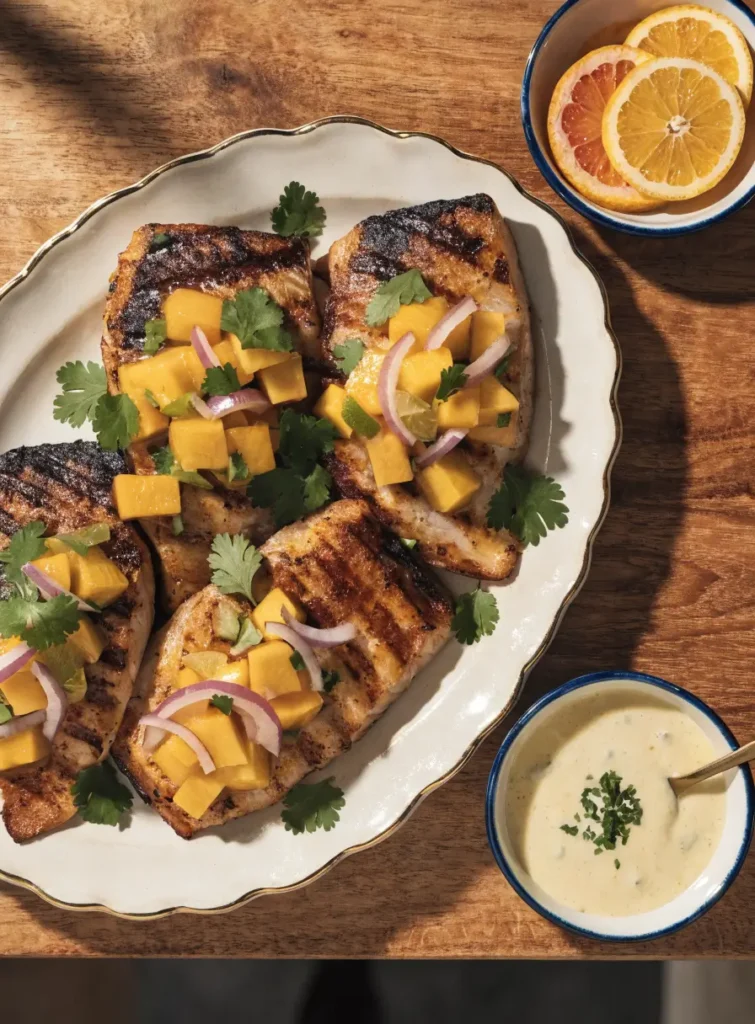 Overhead view of grilled mahi mahi with mango salsa served on a platter with fresh herbs and lime wedges.